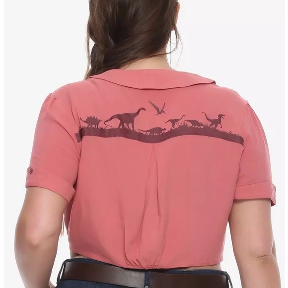 Jurassic Park Ellie Tie-Front Crop Woven Button-Up Plus Size (3X | Pink) - Picture 2 of 14